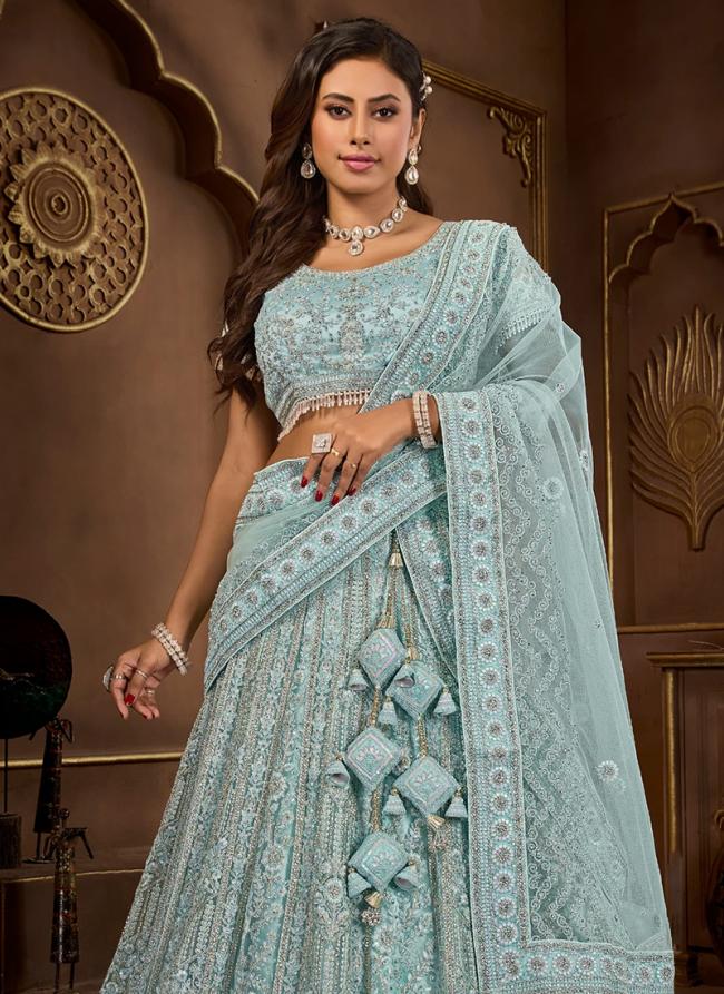 Net Sky Blue Bridal Wear Embroidery Work Readymade Lehenga Choli